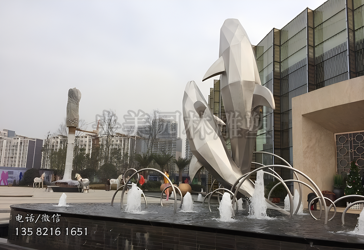 商業(yè)廣場(chǎng)噴泉裝飾不銹鋼海豚雕塑