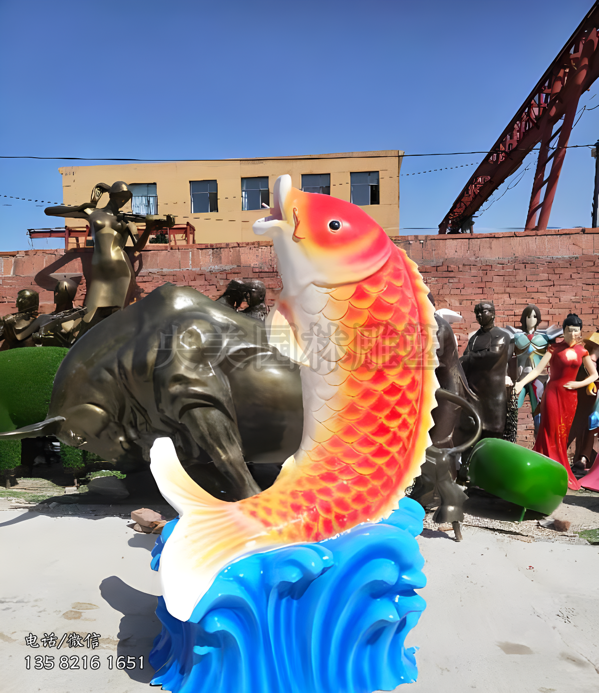 玻璃鋼彩繪噴水魚雕塑擺件