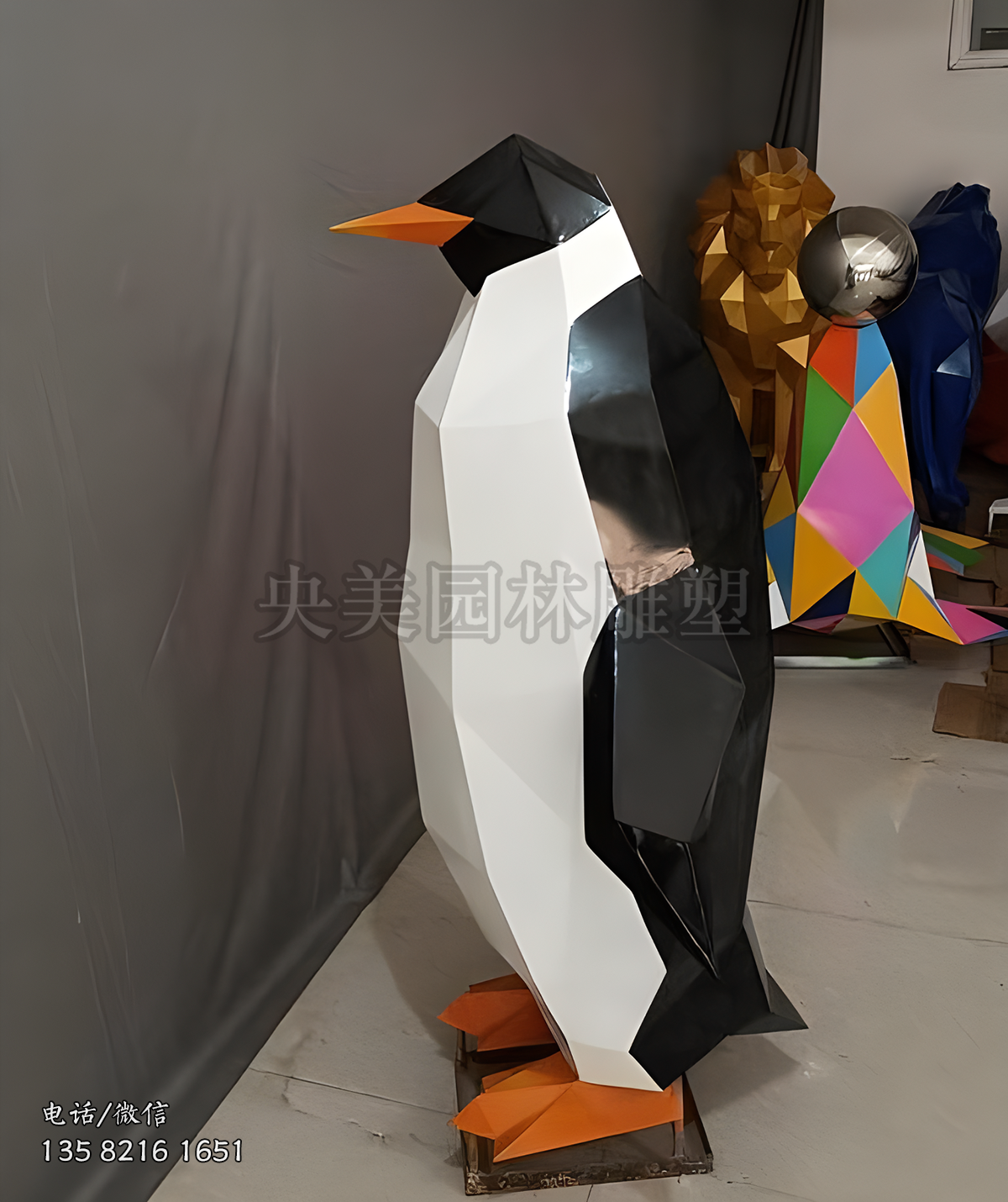 幾何塊面企鵝不銹鋼雕塑