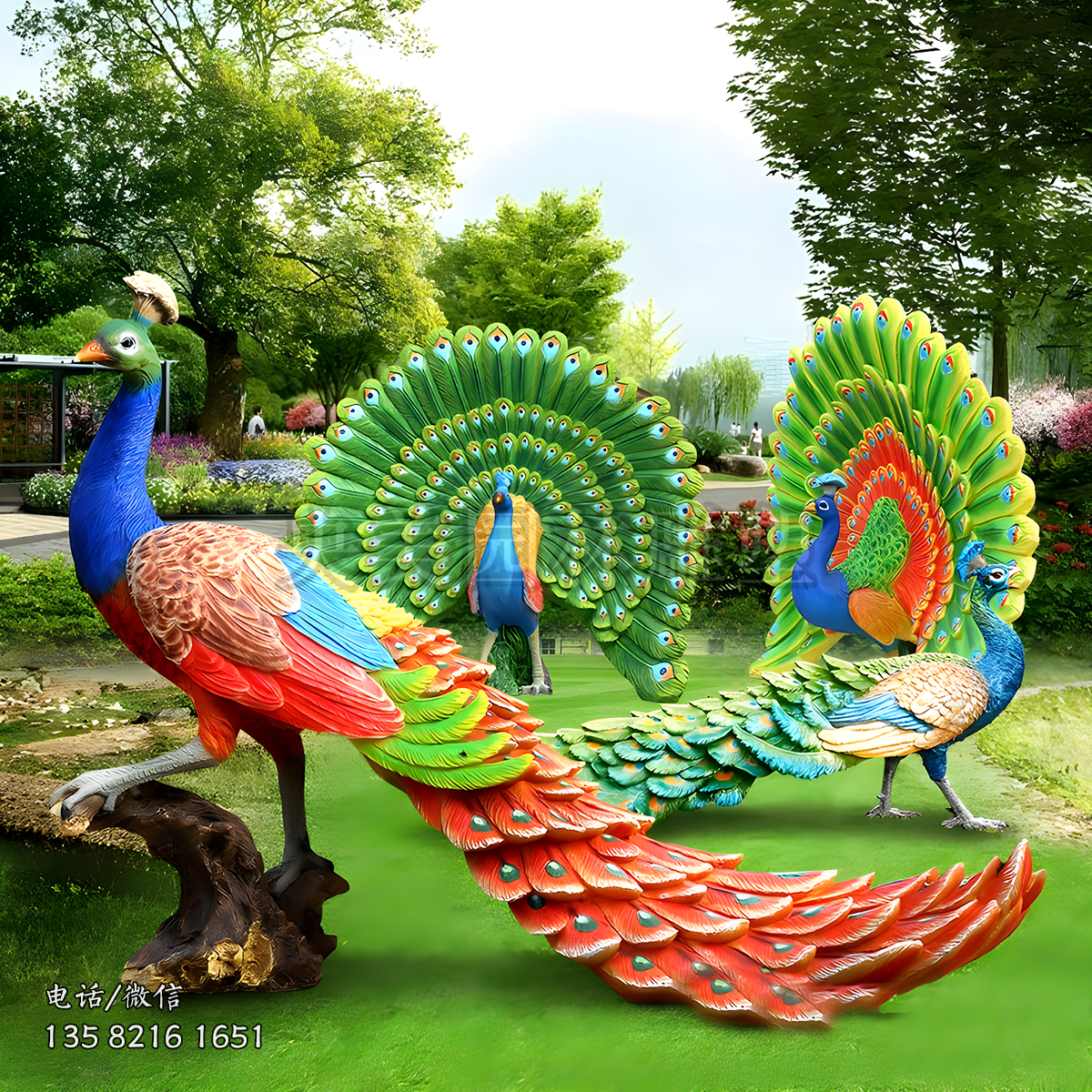 玻璃鋼彩繪孔雀雕塑