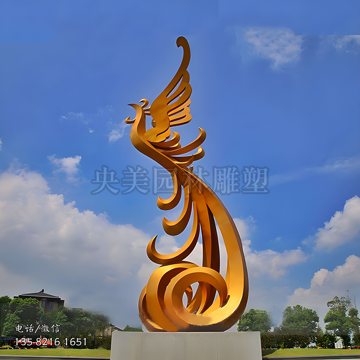 金黃色不銹鋼鳳凰景觀雕塑