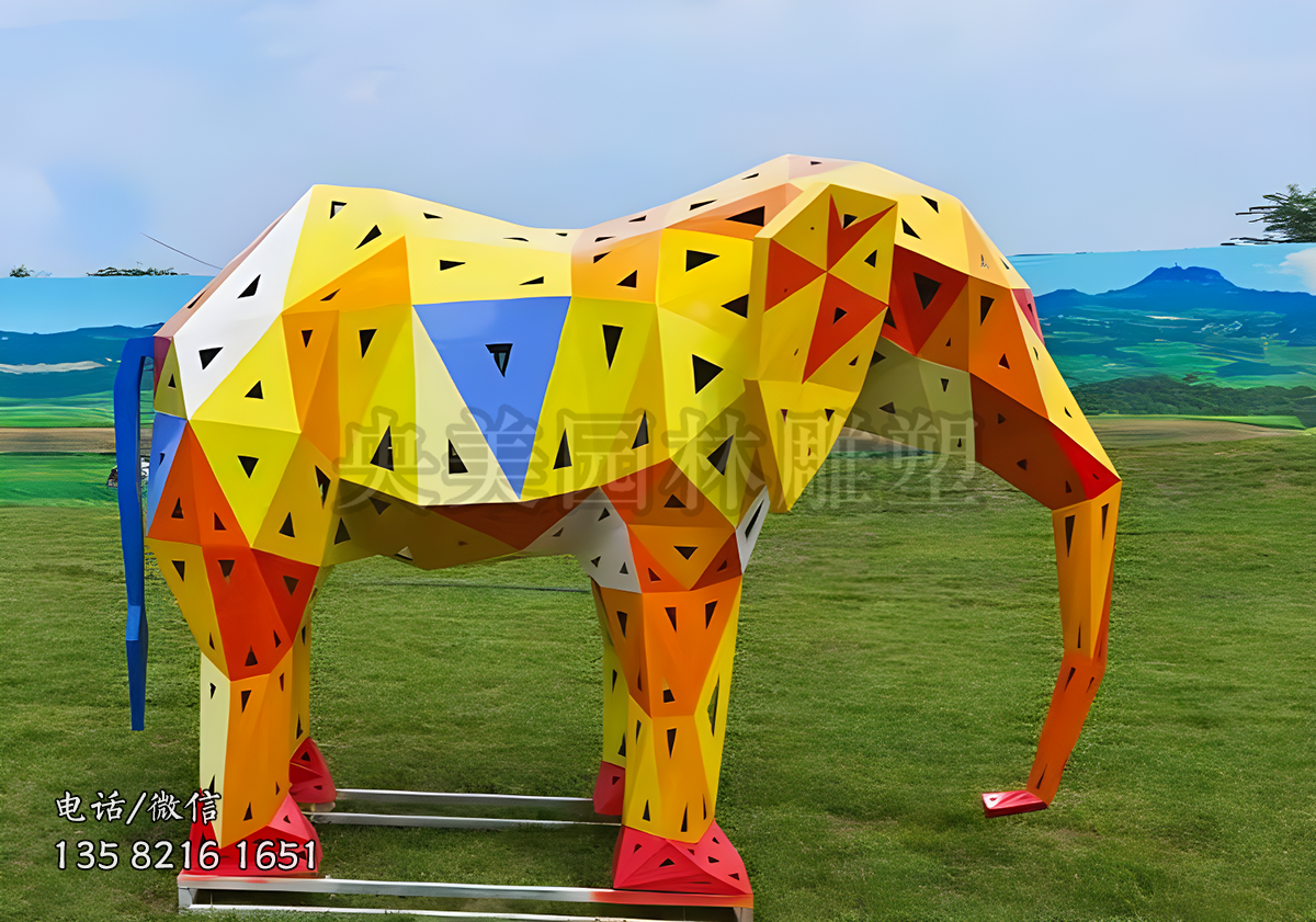 幾何切面鏤空不銹鋼彩繪大象雕塑