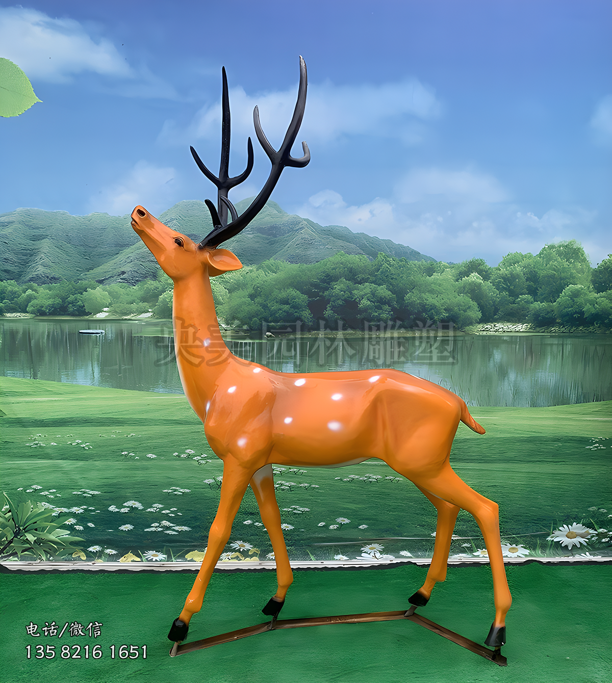 仰頭看天的仿真公鹿雕塑