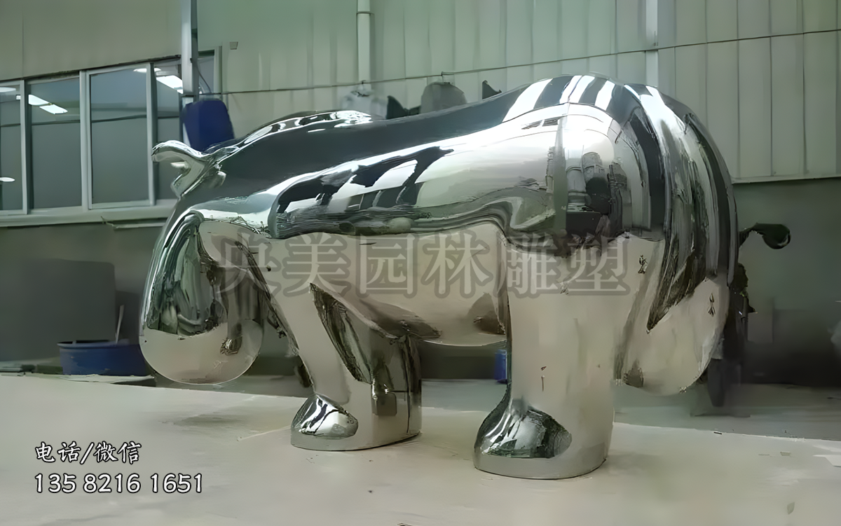 鏡面不銹鋼抽象河馬雕塑