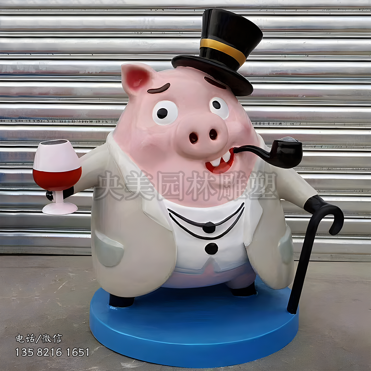 喝酒吸煙的卡通豬雕塑公仔