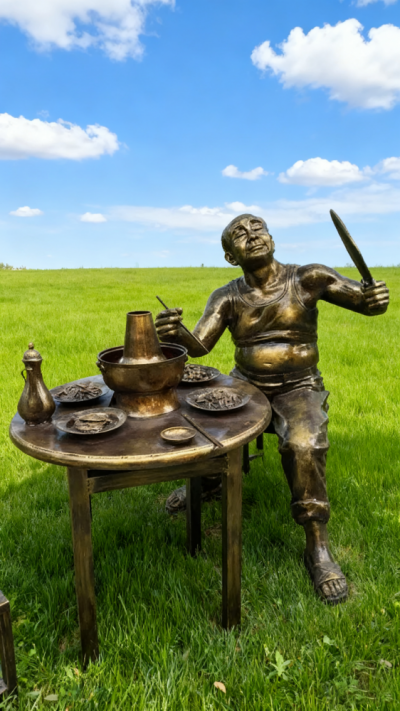 玻璃鋼仿銅吃火鍋的人物雕塑 (1)
