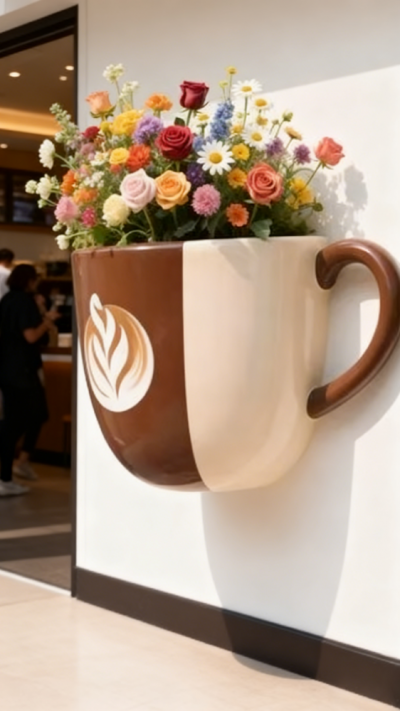 咖啡店門口墻面裝飾咖啡杯雕塑