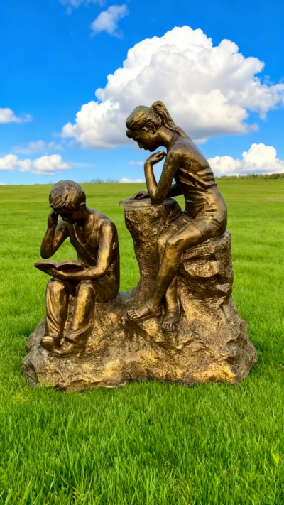 玻璃鋼仿銅看書學生雕塑